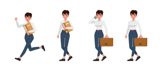 Business woman working and presentation in various action character vector illustration design set. Woman wear white shirt.