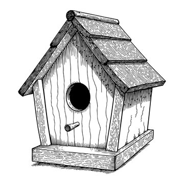 recommend clip art: Birdhouse in Vintage Detailed Perspective Black and White Outline Line Art Drawing