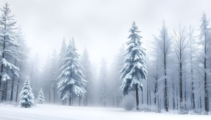 Magical winter season snowy foggy forest isolated with white highlights, png