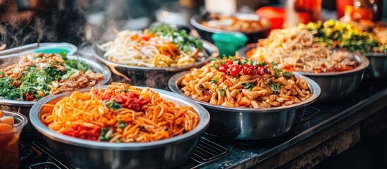 Obraz premium A close-up view of various dishes of Asian noodles in metal bowls, arranged on a black countertop at a street food stall.