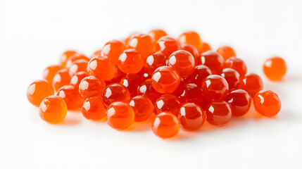 Vibrant red caviar arrangement, elegantly displayed on a pristine white surface, showcasing its rich texture and color contrast