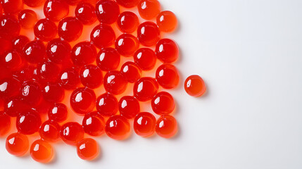 Vibrant red caviar elegantly displayed on a pristine white surface, showcasing its rich texture and luxurious appeal in a top view perspective