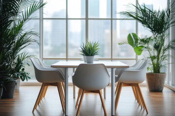 Obraz premium Bright modern office space with city skyline views and lush plants in daylight