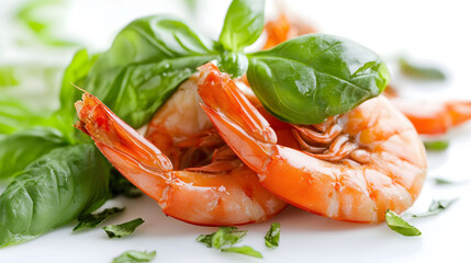 Basil Infused Shrimp Dish on Elegant White Surface, Culinary Delight, Vibrant Colors, Gourmet Presentation, Fresh Ingredients
