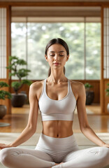 Portrait of a young Asian woman practicing yoga in the living room of a minimalist, oriental-inspired house. Image of meditation and mental health