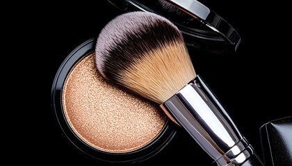 Soft makeup brush resting next to a glittering bronze eyeshadow palette, glamorous and luxurious beauty concept, featuring warm metallic tones