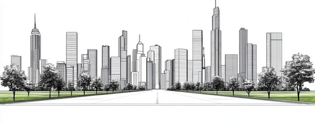 City skyline illustration with trees on a white isolated background. Generative AI