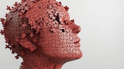A 3D puzzle of a human head with missing pieces, highlighting mental health challenges on white