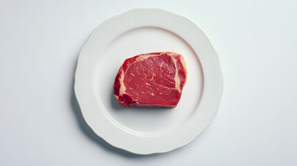 Fresh raw steak on a pristine white plate, contrasting colors showcase quality and texture, inviting culinary creativity and presentation