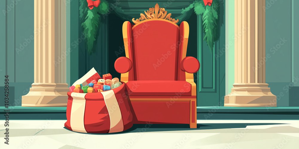 Wall mural sack of toys next to ornate throne in grand hall, illustration art