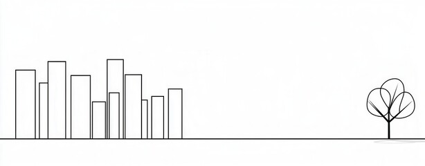 Obraz premium Minimalistic cityscape with abstract buildings and a single tree against a white background. Generative AI