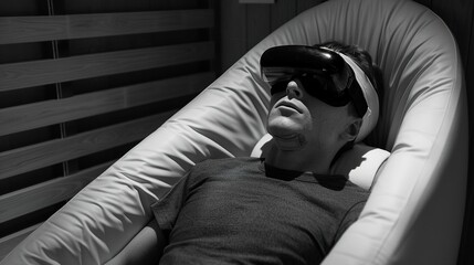 Obraz premium Sensory Deprivation Chamber: Participant Wearing Blindfold and Earplugs in a Tranquil Monochrome Room, Embracing Solitude and Serenity