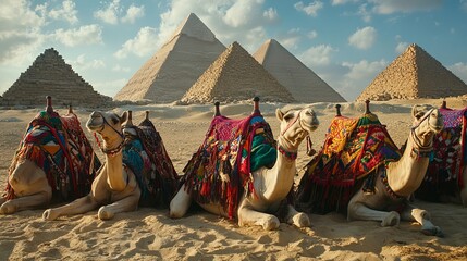 Camels in colorful horse costumes rest on the sand near the pyramids,
