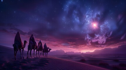 Naklejka premium Silhouettes of astrologers on camels, the radiant eastern star glowing brightly in the night sky, soft light outlining their figures,