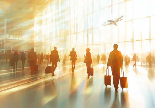 Many people with luggage, an airport background, a blurry effect, a large glass curtain wall, bright light and shadow, a flying plane outside the window Generative AI
