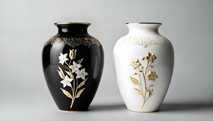 Elegant black and white urns with floral designs and gold accents