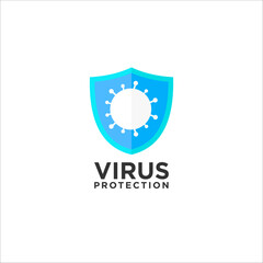 Virus and shield, antibacterial protection, antiviral drug logo design. Antibacterial protection icon, shield and virus  vector design and illustration.