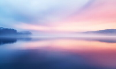 Obraz premium Misty lake reflecting a pink sunrise.