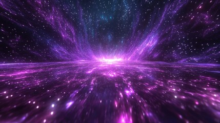 Naklejka premium A mesmerizing galaxy holographic background with glowing purple tones, illuminated under a starry night sky