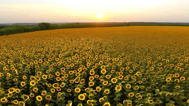 Sunset casting a warm glow over a vast field of sunflowers, creating a picturesque and tranquil rural landscape