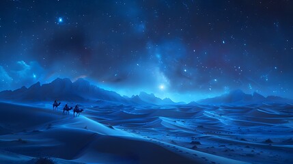 Naklejka premium Three astrologers on camels crossing a desert of wind-sculpted sand dunes, a glowing star in the night sky lighting up their path, the dunes softly illuminated under the starlight,
