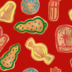 gingerbread tree gift candy mittens Christmas baking holiday cookies with icing seamless pattern watercolor composition isolated on a red background base for cards textile tableware