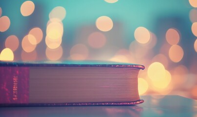 A closed book on a table with bokeh lights.