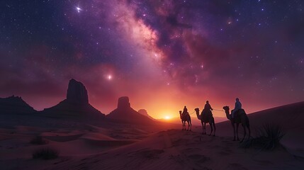 Three astrologers on camels in the foreground, a towering, glowing eastern star dominating the night sky, desert landscape with rolling dunes, soft pink and purple hues in the sky,