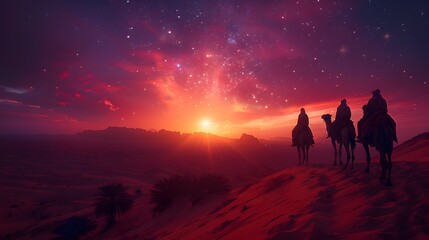 Obraz premium Three astrologers on camels pointing toward a brilliant star in the twilight sky, the horizon glowing with soft purples and oranges, the desert dunes beneath them bathed in fading light,