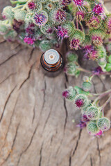 Burdock extract in a bottle. Selective focus.