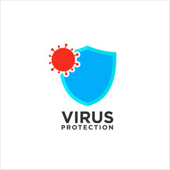 Virus and shield, antibacterial protection, antiviral drug logo design. Antibacterial protection icon, shield and virus  vector design and illustration.
