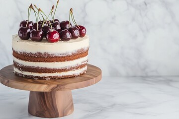 layered cake topped with fresh cherries, sitting on a wooden cake stand against a marble backdrop