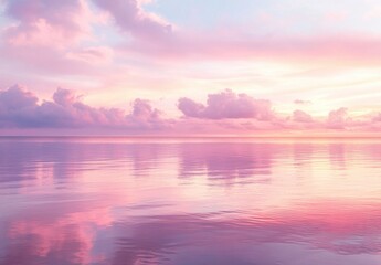Fototapeta premium Beautiful pastel pink sky and water background with sunset reflection, calm sea horizon, dreamy sky clouds. Pink and purple sky, tranquil ocean view, serene nature landscape, peaceful summer day.