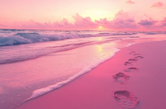 A pink beach with heart-shaped footprints in the sand, a pink sunset sky, and ocean waves create a beautiful, romantic, and dreamy scene.