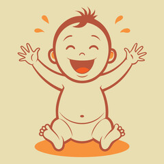 Excited Baby with Hands Up - Joyful and Expressive Sketch Engraving Illustration