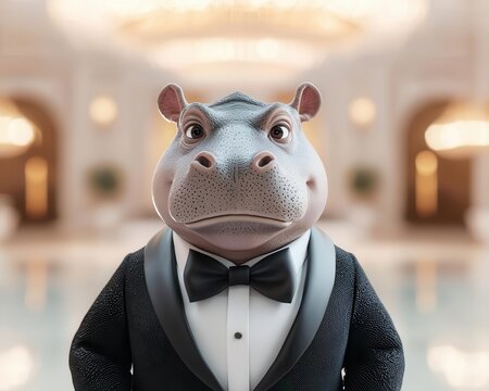 Baby hippo wearing a tuxedo, smug expression, detailed 3D render, elegant ballroom setting with chandeliers
