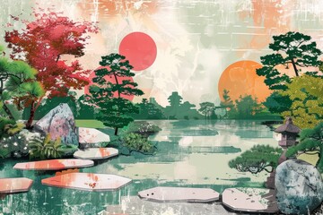 Fototapeta premium Serene japanese garden with abstract sun