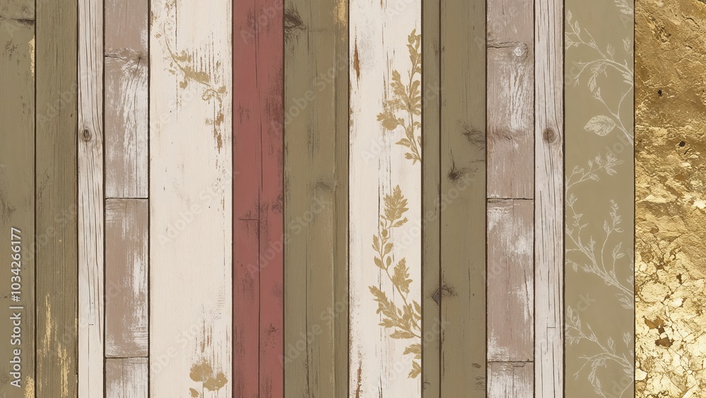 Wall mural Rustic wood paneling with a vintage feel, featuring various shades of brown, beige, and gold,  with floral accents