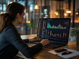 Young Woman Tracking Stock Prices on Her Laptop at Home. Finance and Remote Work Concept. Image Generated by AI.