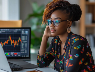 Black Woman Tracking Stock Prices at Home in a Bright Setting. Finance and Investment Concept. Image Generated by AI.