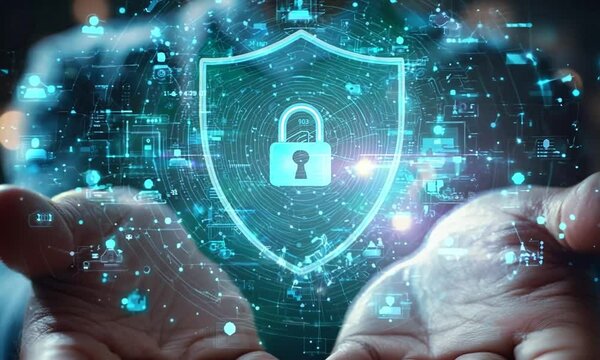Person holding a digital shield with a padlock in the center, surrounded by glowing data points, representing cybersecurity.