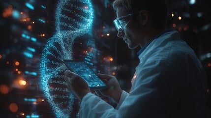 Scientist analyzes digital DNA model on tablet, exploring genetic research and innovation in futuristic laboratory setting.