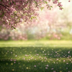 Obraz premium A serene landscape with blooming cherry blossoms and a grassy field, evoking tranquility and natural beauty.