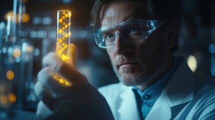 Scientist in lab coat examining glowing test tube in laboratory, focused and determined, showcasing scientific research and innovation.