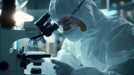 Scientist in protective gear observing samples through a microscope in a modern laboratory setting, conducting research and analysis.