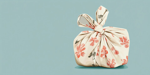 Fabric furoshiki wrap knotted around a gift box, eco-friendly and stylish, illustration art