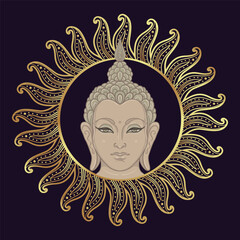 Buddha face over ornate mandala round pattern. Esoteric vintage vector illustration. Indian, Buddhism, spiritual art. Hippie tattoo, spirituality, Thai god, yoga zen Coloring book pages for adults.