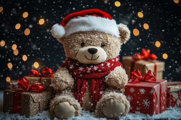 Charming Wallpaper Featuring A Cute Teddy Bear Dressed In A Festive Santa Hat And Scarf, Surrounded By Colorful Christmas Gifts And Twinkling Lights Against A Snowy Backdrop