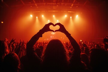 Silhouette of a crowd at a concert with heart-shaped hands in the air, illuminated by vibrant stage...