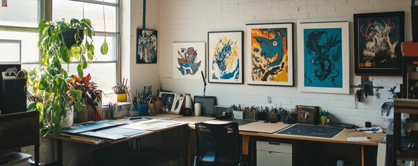 An artist's studio with framed paintings and a desk.